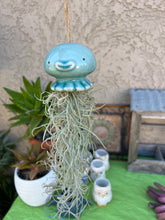 Load image into Gallery viewer, Air Plant! Hanging Ceramic Blue Jelly Fish With Live Spanish Moss Plant.
