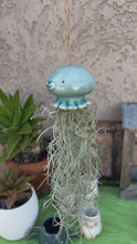 Load and play video in Gallery viewer, Air Plant! Hanging Ceramic Blue Jelly Fish With Live Spanish Moss Plant.
